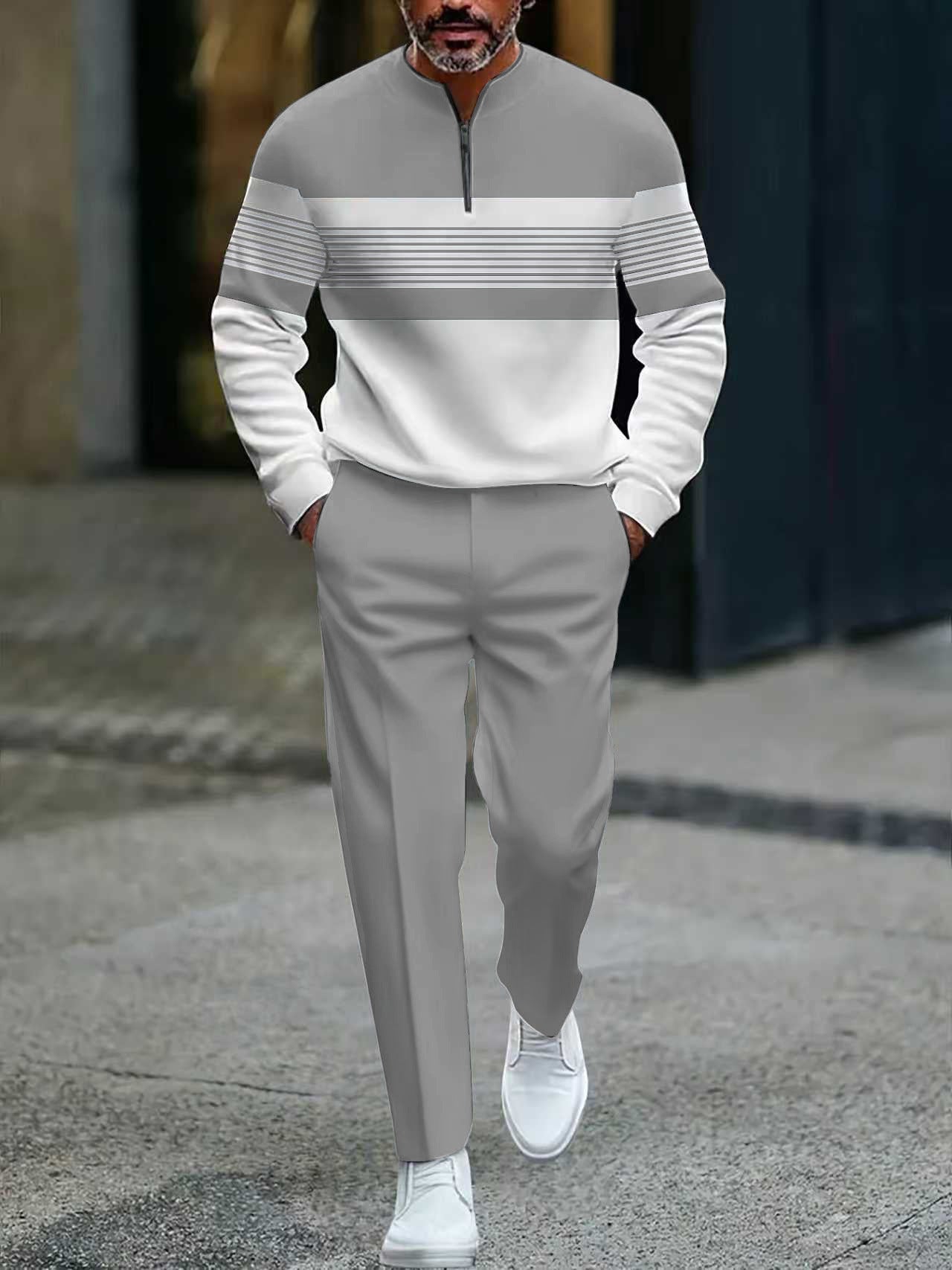 Conjunto de hombre con estampado gráfico: suéter y pantalón.