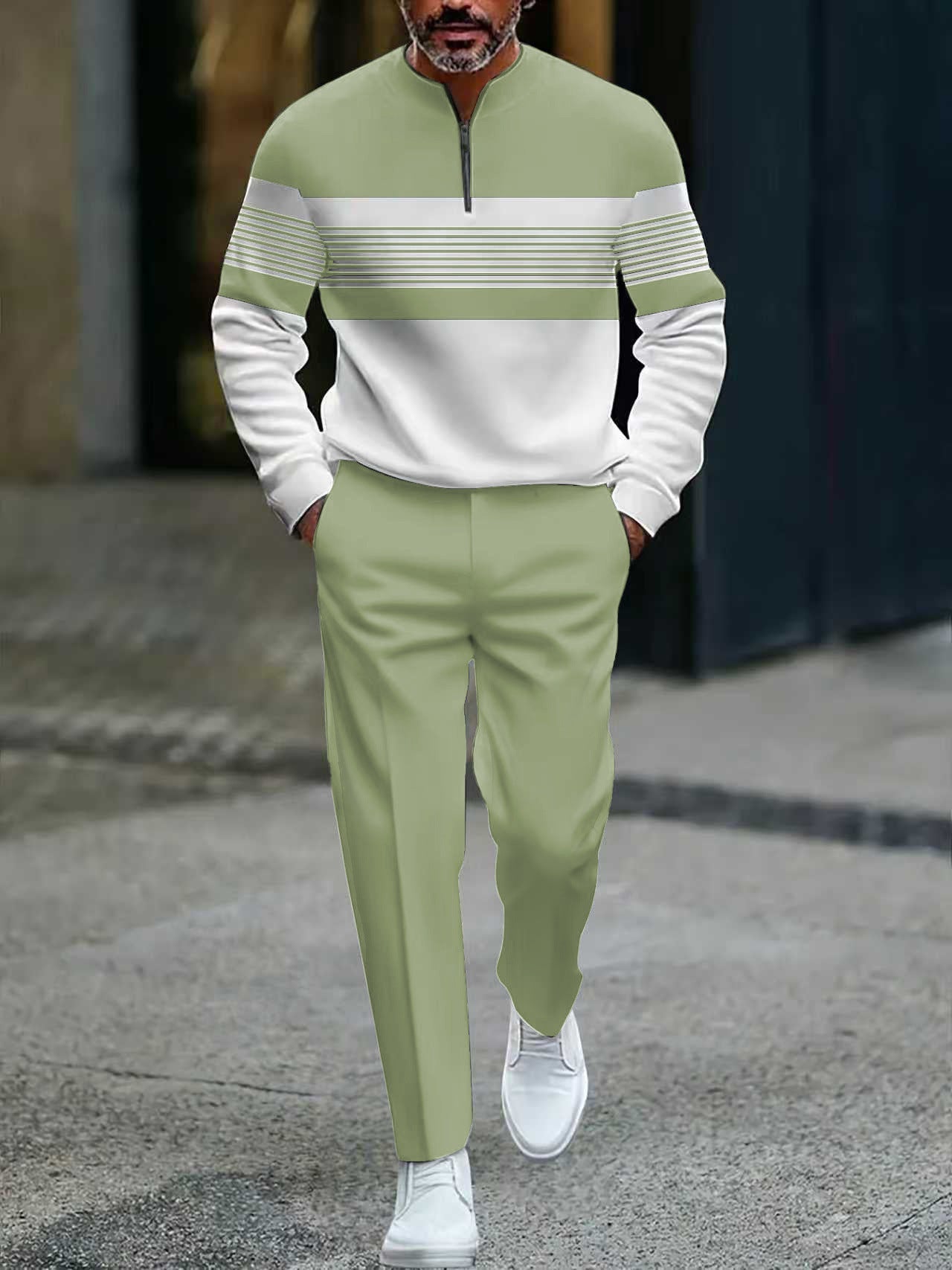 Conjunto de hombre con estampado gráfico: suéter y pantalón.