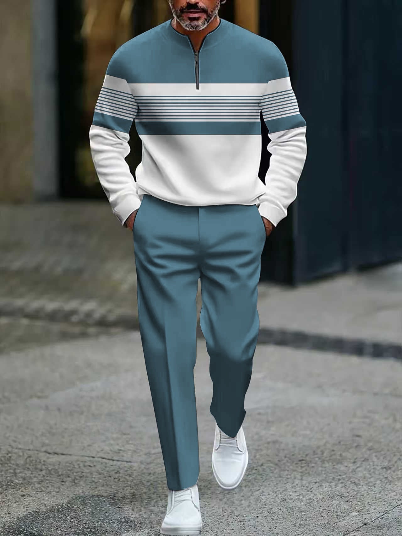 Conjunto de hombre con estampado gráfico: suéter y pantalón.