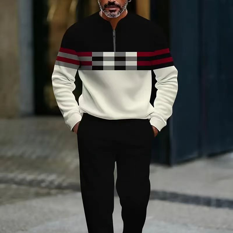 Conjunto de hombre con estampado gráfico: suéter y pantalón.