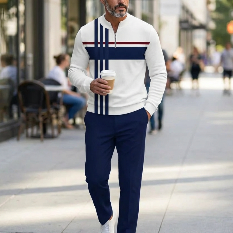Conjunto de hombre con estampado gráfico: suéter y pantalón.