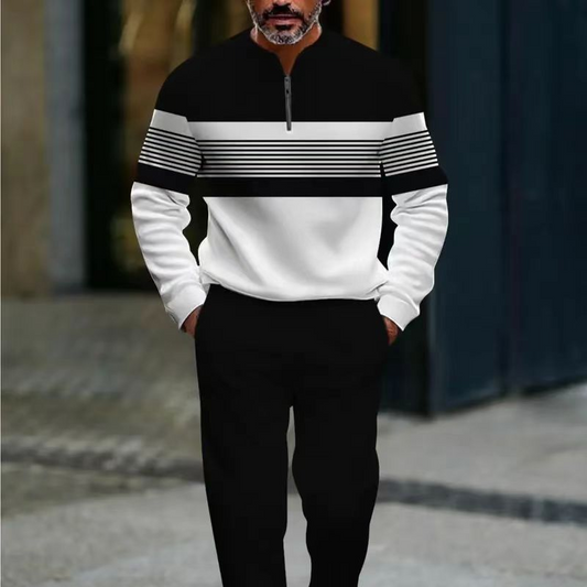 Conjunto de hombre con estampado gráfico: suéter y pantalón.