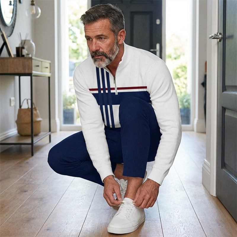 Conjunto de hombre con estampado gráfico: suéter y pantalón.