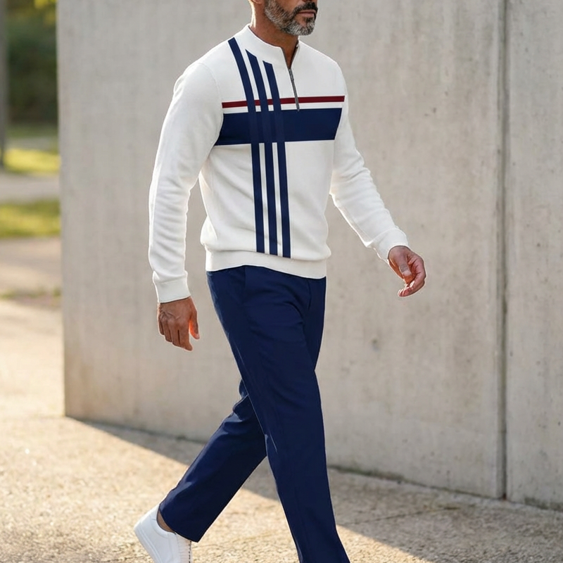 Conjunto de hombre con estampado gráfico: suéter y pantalón.